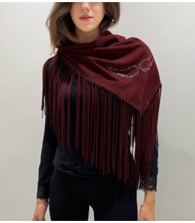 BORDO HAKİKLİ SÜET ŞAL/ METAL DETAYLI PÜSKÜLLÜ TASARIM